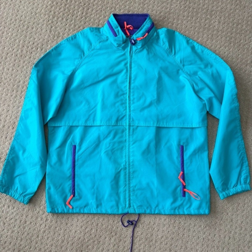 Vintage Rain Jacket in Sea Jade Men Large Hidden Hood Zip Pockets 90s 80s NWOT